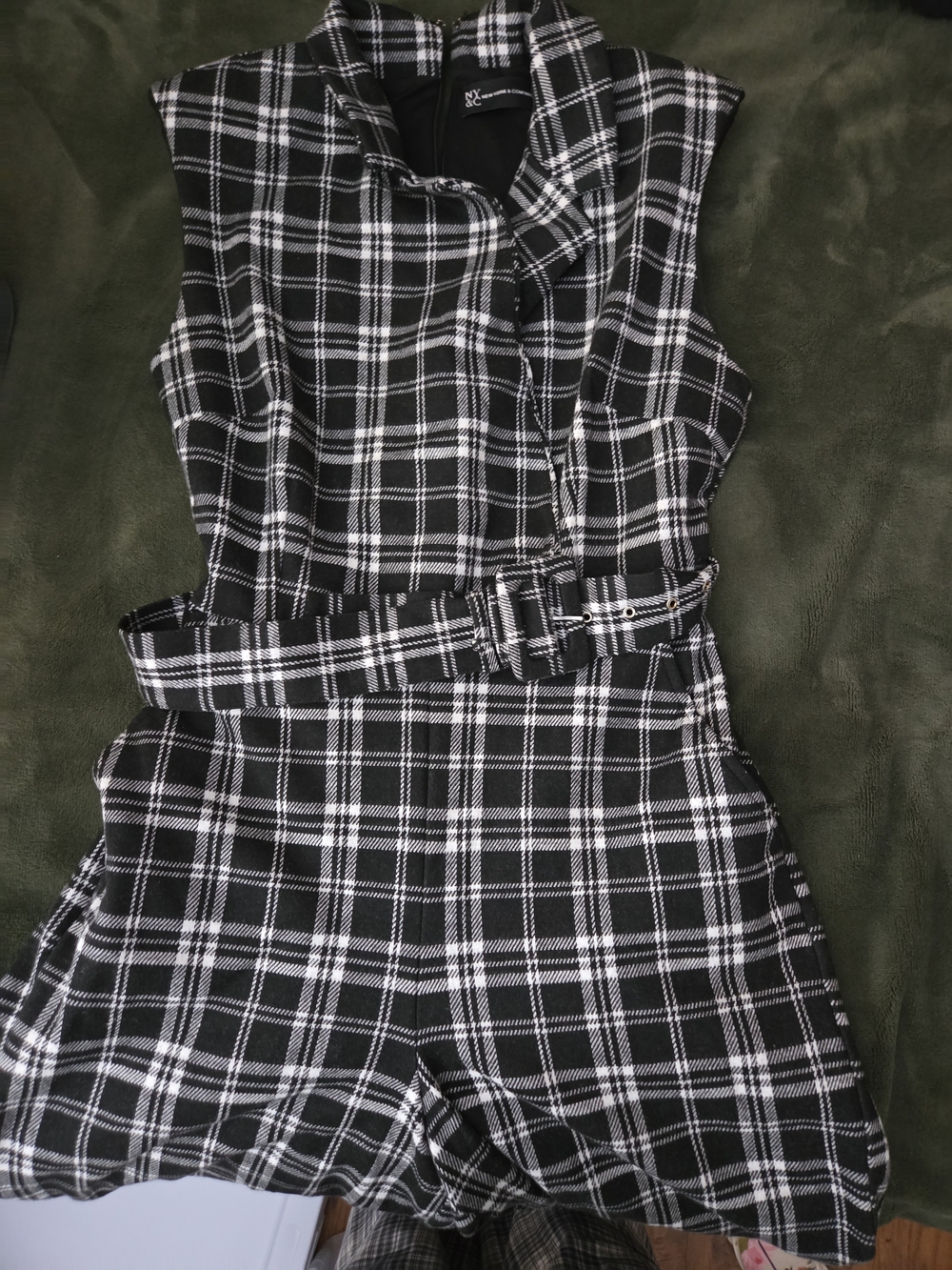 New York & Company Black and White Plaid Sleeveless Belted Jumpsuit
